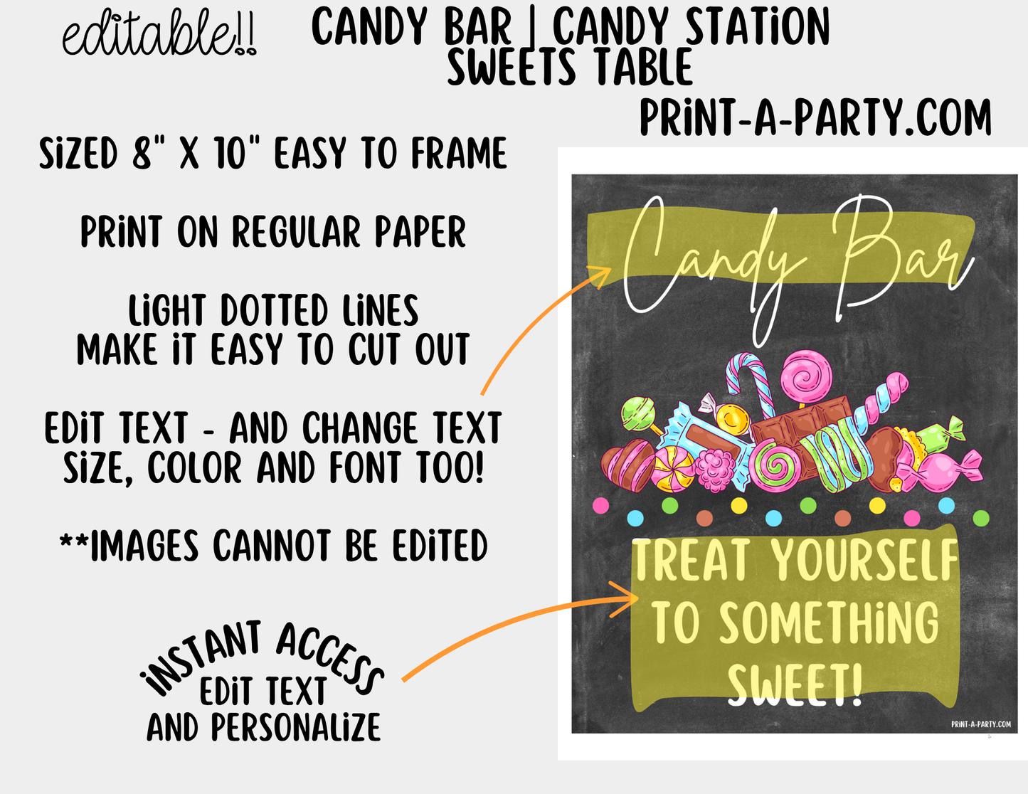 Editable Candy Bar Sign (8x10) and Tent Cards - Printable Sweet Table Decor for Parties and Events