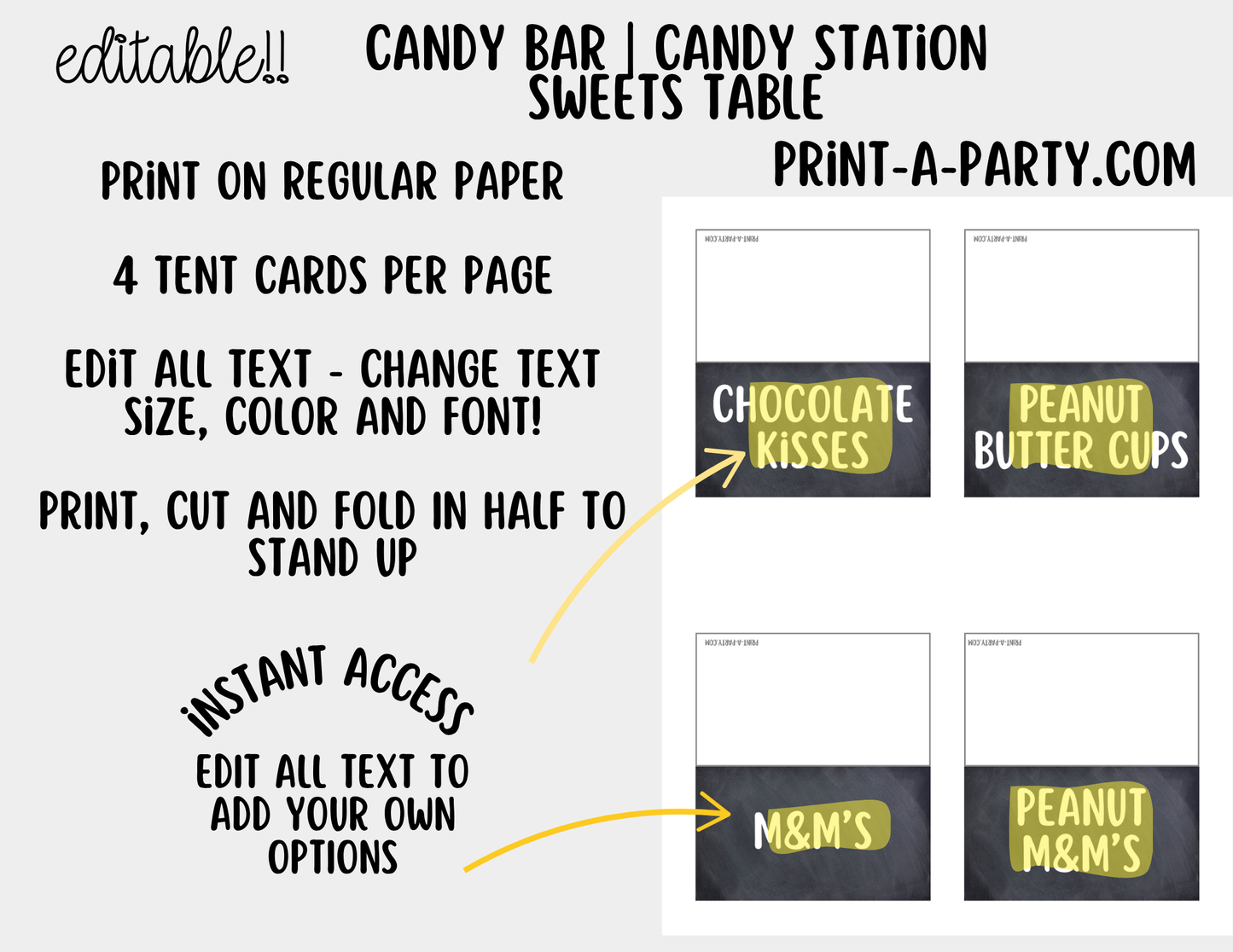 Editable Candy Bar Sign (8x10) and Tent Cards - Printable Sweet Table Decor for Parties and Events