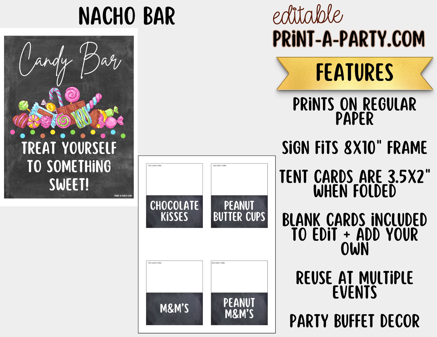 Editable Candy Bar Sign (8x10) and Tent Cards - Printable Sweet Table Decor for Parties and Events