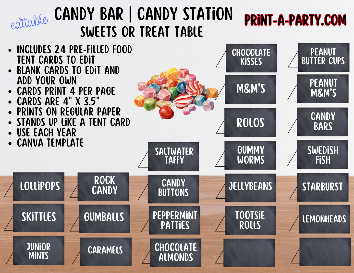Editable Candy Bar Sign (8x10) and Tent Cards - Printable Sweet Table Decor for Parties and Events