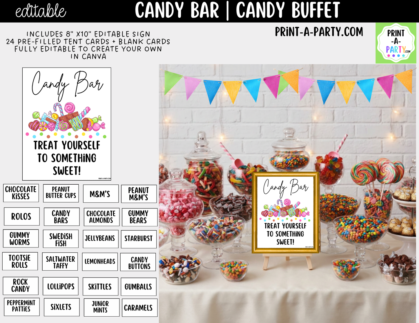 Editable Candy Bar Sign (8x10) and Tent Cards - Printable Sweet Table Decor for Parties and Events