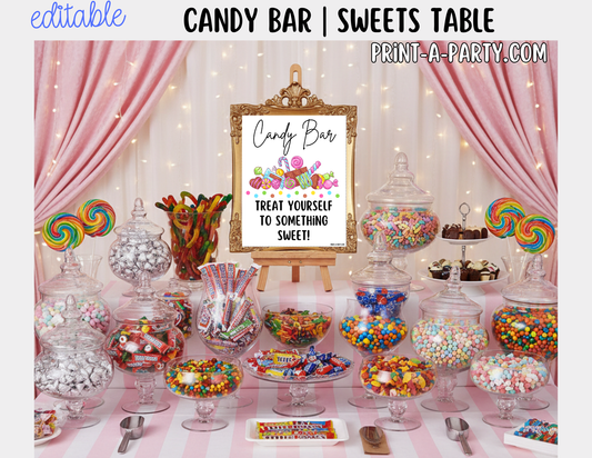 Editable Candy Bar Sign (8x10) and Tent Cards - Printable Sweet Table Decor for Parties and Events