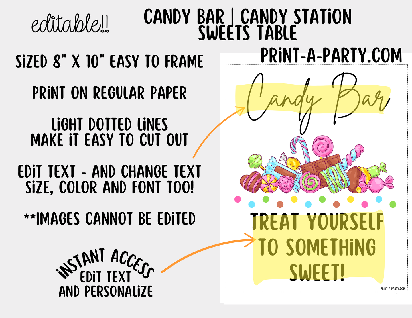 Editable Candy Bar Sign (8x10) and Tent Cards - Printable Sweet Table Decor for Parties and Events