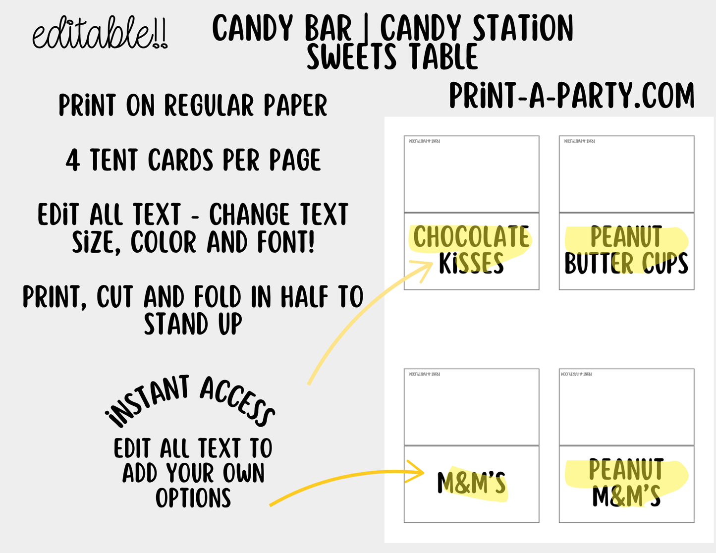 Editable Candy Bar Sign (8x10) and Tent Cards - Printable Sweet Table Decor for Parties and Events