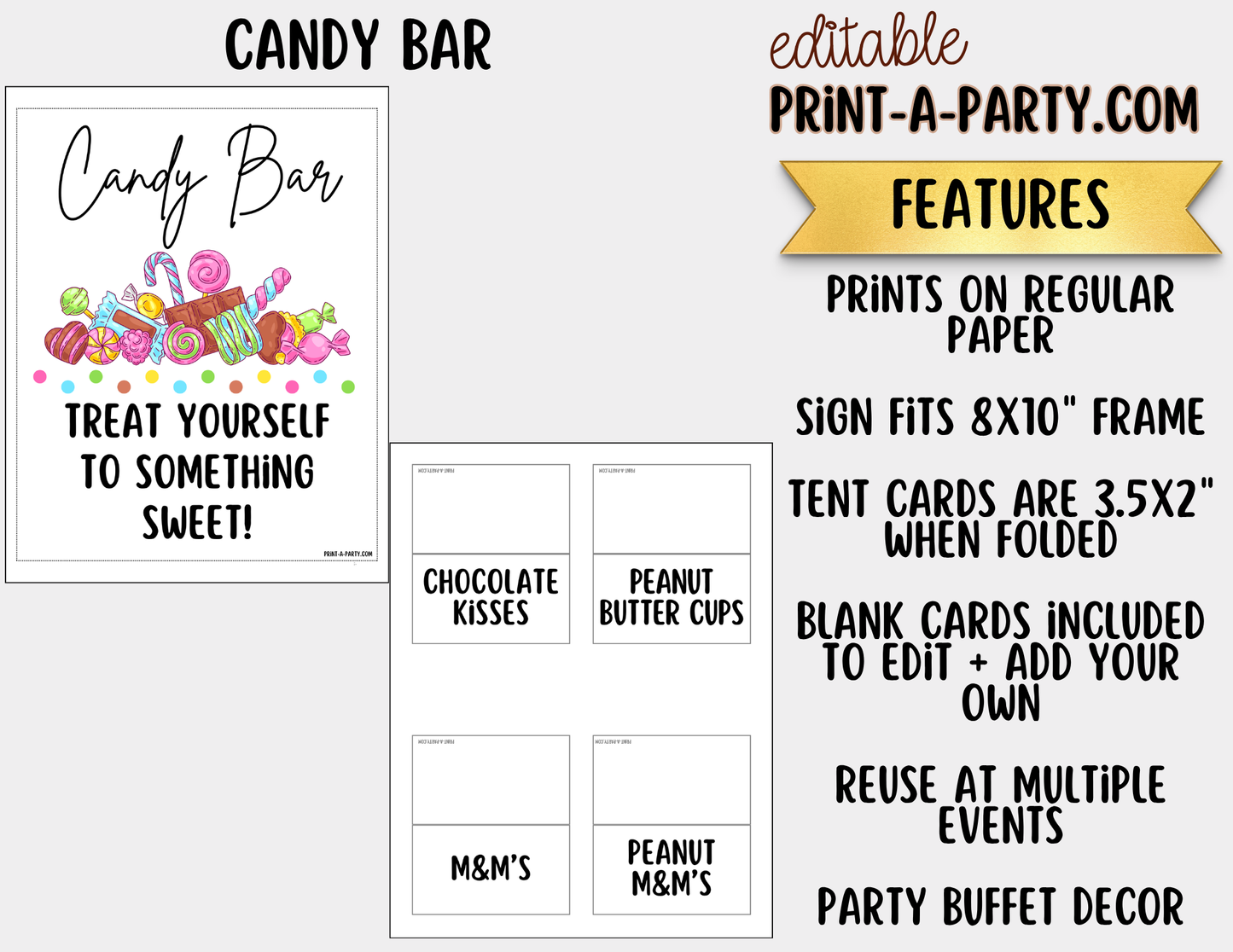 Editable Candy Bar Sign (8x10) and Tent Cards - Printable Sweet Table Decor for Parties and Events