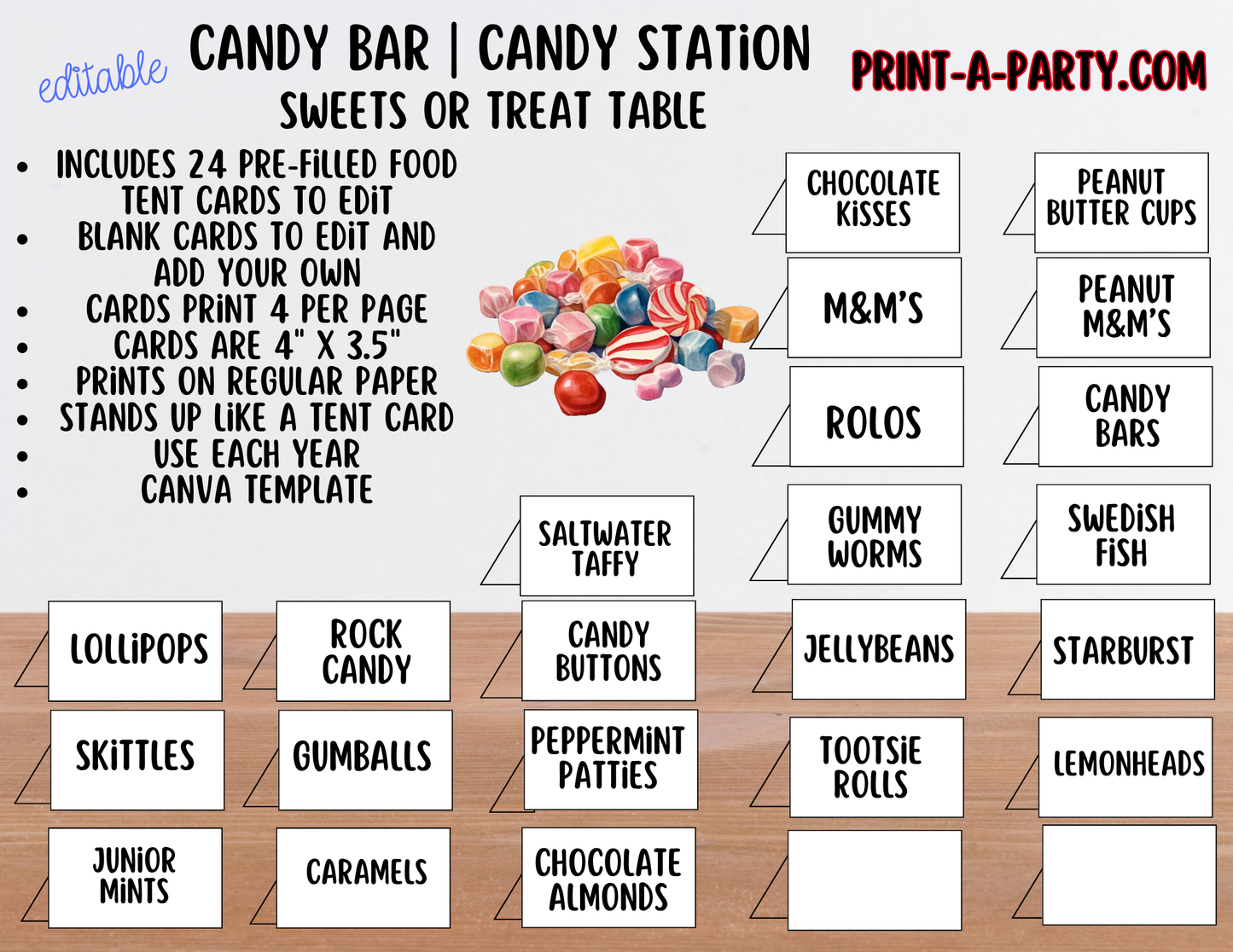 Editable Candy Bar Sign (8x10) and Tent Cards - Printable Sweet Table Decor for Parties and Events