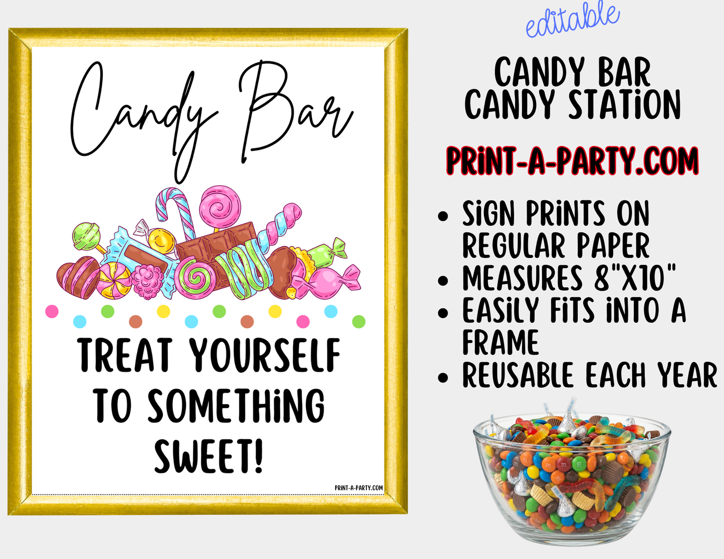 Editable Candy Bar Sign (8x10) and Tent Cards - Printable Sweet Table Decor for Parties and Events