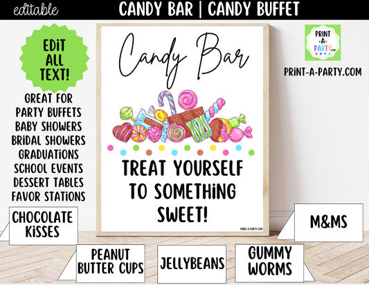 Editable Candy Bar Sign (8x10) and Tent Cards - Printable Sweet Table Decor for Parties and Events