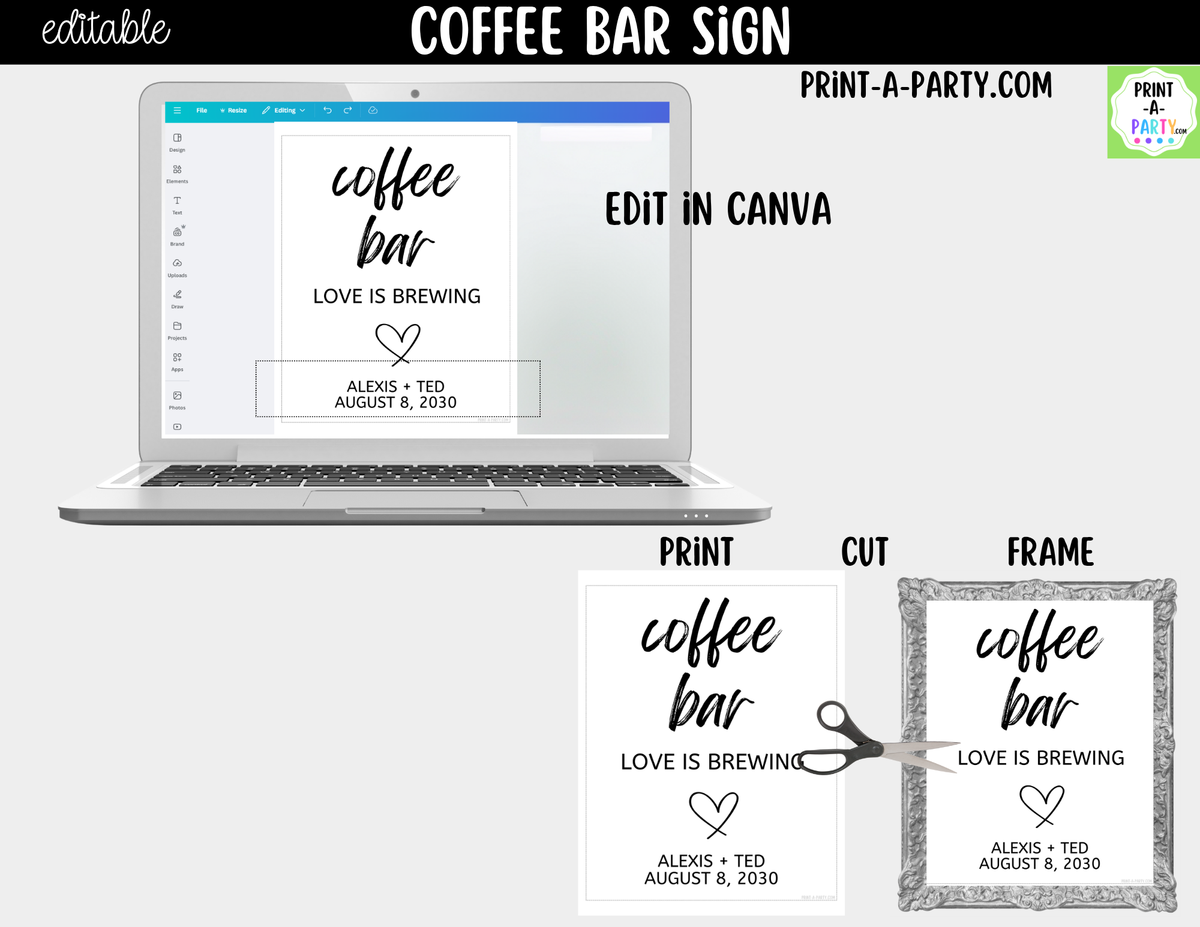 Editable Coffee Bar Sign – Love is Brewing Canva Template