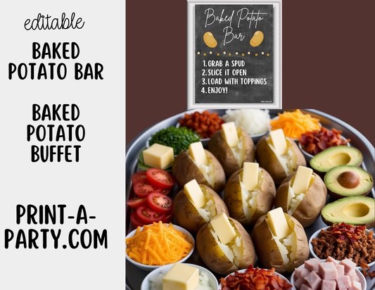 Editable BAKED POTATO BAR - Sign and Food Labels Template Chalkboard - Perfect for Parties, Showers, Birthdays or Holidays