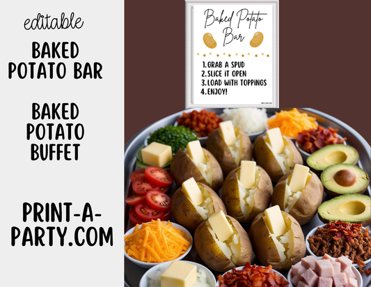 Editable BAKED POTATO BAR - Sign and Food Labels Template White - Perfect for Parties, Showers, Birthdays or Holidays