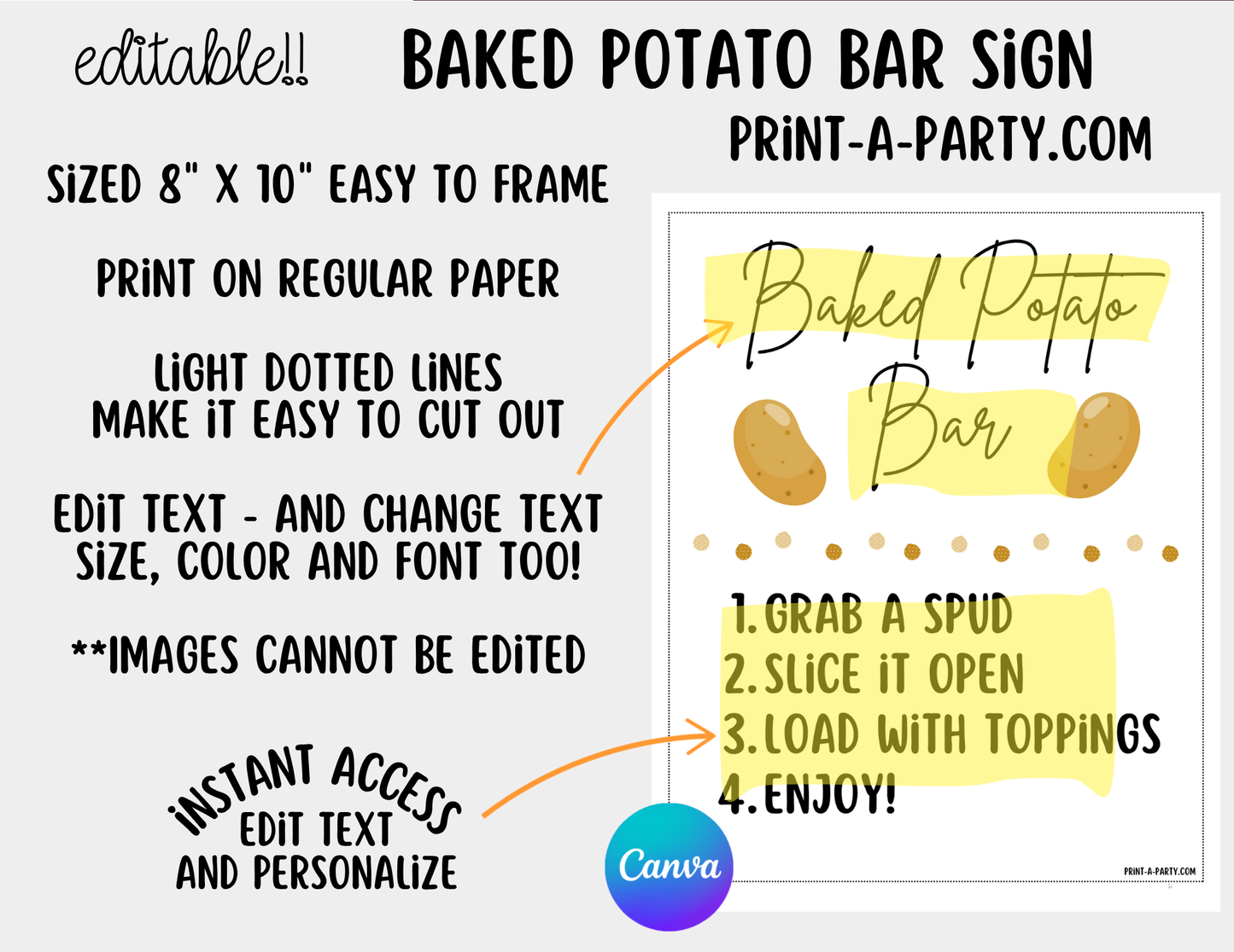 Editable BAKED POTATO BAR - Sign and Food Labels Template White - Perfect for Parties, Showers, Birthdays or Holidays