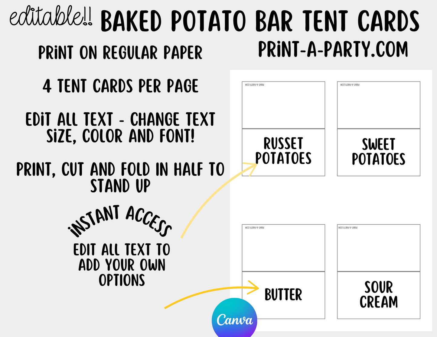 Editable BAKED POTATO BAR - Sign and Food Labels Template White - Perfect for Parties, Showers, Birthdays or Holidays