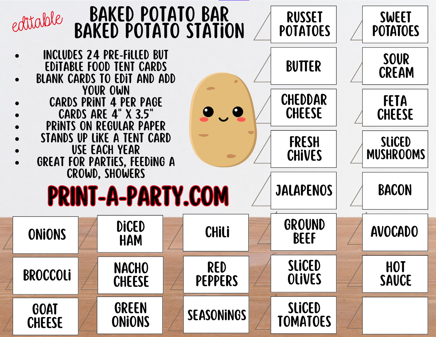 Editable BAKED POTATO BAR - Sign and Food Labels Template White - Perfect for Parties, Showers, Birthdays or Holidays