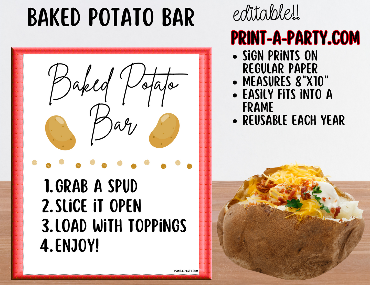 Editable BAKED POTATO BAR - Sign and Food Labels Template White - Perfect for Parties, Showers, Birthdays or Holidays