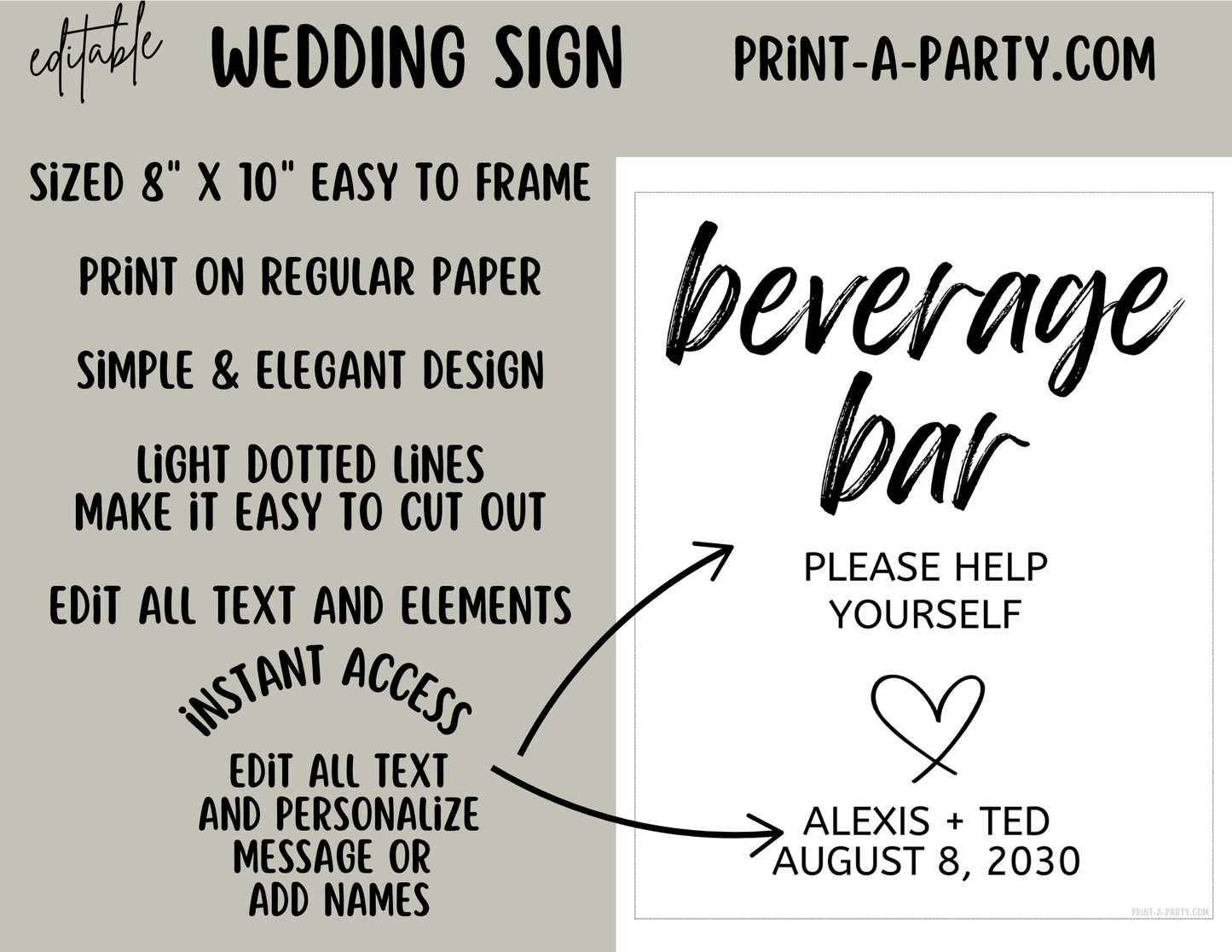 EDITABLE WEDDING EVENT SIGN: BEVERAGE BAR - PLEASE HELP YOURSELF - Wedding Sign | Wedding Bar Sign | Wedding Beverages Sign