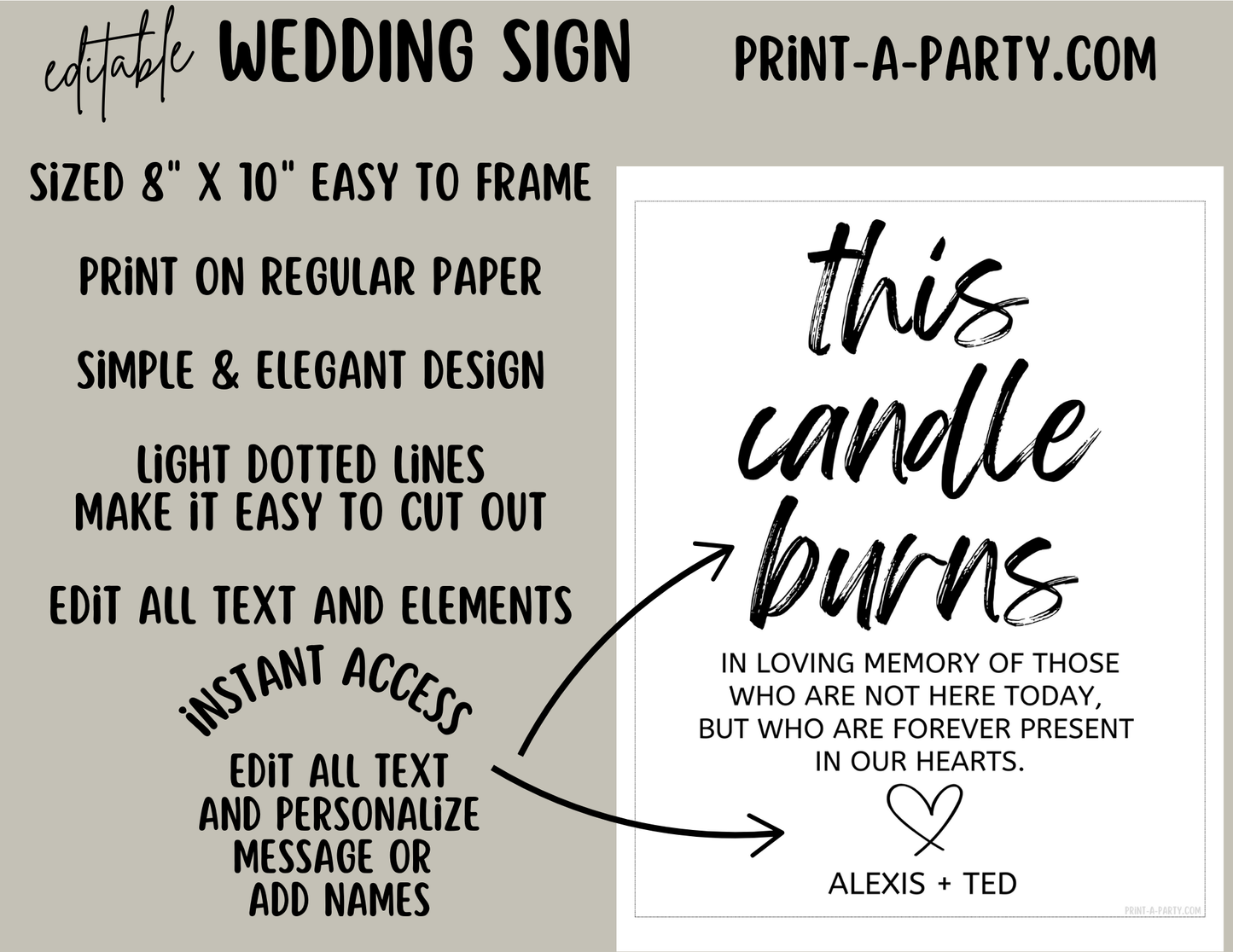 EDITABLE WEDDING EVENT SIGN: THIS CANDLE BURNS IN MEMORY | Wedding Sign | In Loving Memory Sign | Wedding Memorial Sign