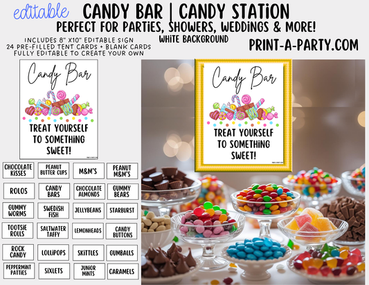 Editable CANDY BAR Sign and Candy Labels Printable in White – Sweet Table Decor for Birthdays, Weddings, Showers & More