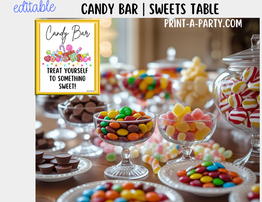 Editable CANDY BAR Sign and Candy Labels Printable in White – Sweet Table Decor for Birthdays, Weddings, Showers & More