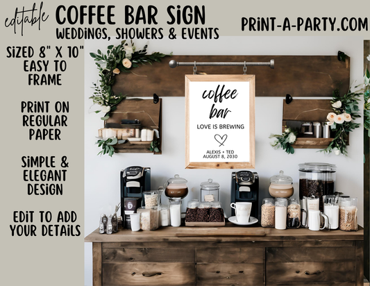 EDITABLE WEDDING EVENT SIGN: COFFEE BAR - LOVE IS BREWING | Wedding Sign | Coffee Bar Wedding Sign | Bridal Shower Sign