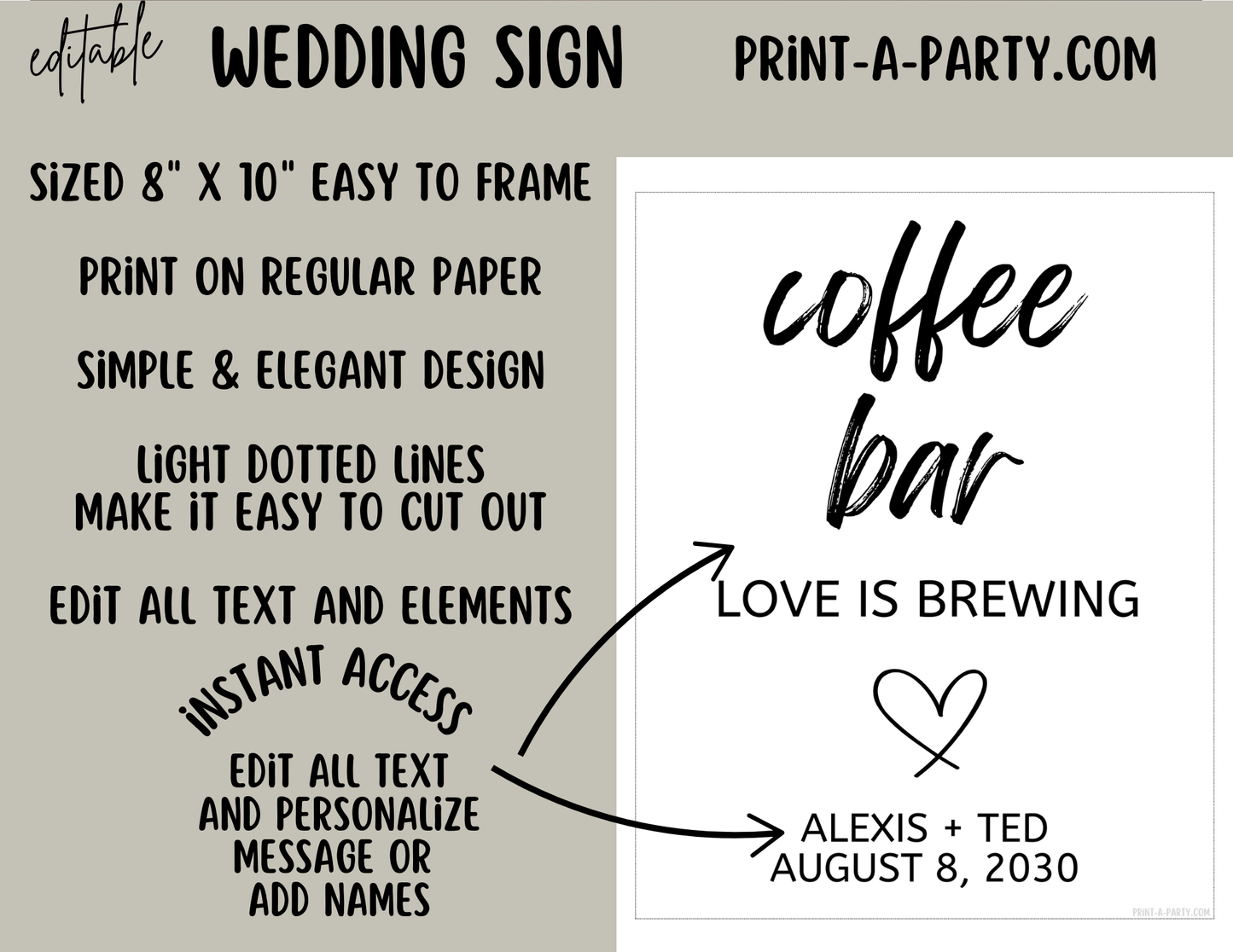 EDITABLE WEDDING EVENT SIGN: COFFEE BAR - LOVE IS BREWING | Wedding Sign | Coffee Bar Wedding Sign | Bridal Shower Sign