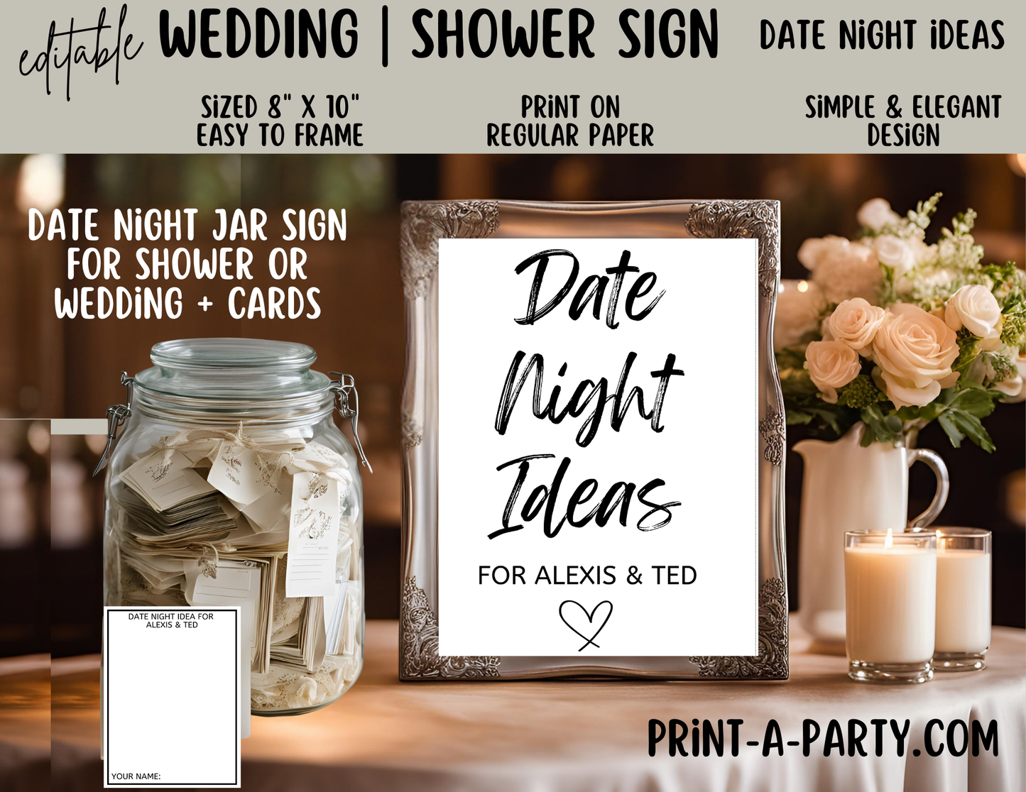 EDITABLE WEDDING EVENT SIGN: DATE NIGHT IDEAS For the Couple | Add names to sign | Date Idea Cards Included | Wedding or Shower Sign | Date Night Idea Sign