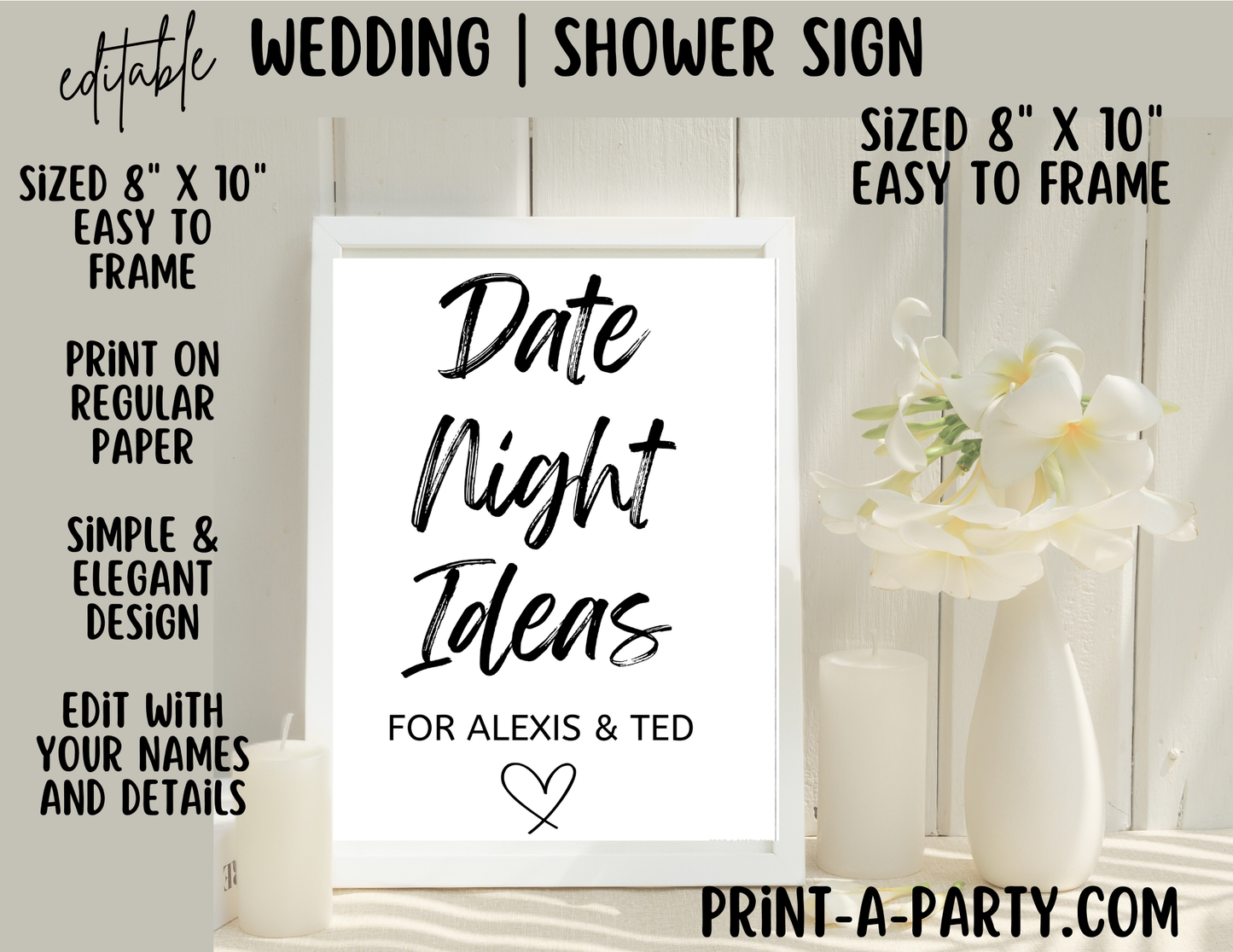 EDITABLE WEDDING EVENT SIGN: DATE NIGHT IDEAS For the Couple | Add names to sign | Date Idea Cards Included | Wedding or Shower Sign | Date Night Idea Sign