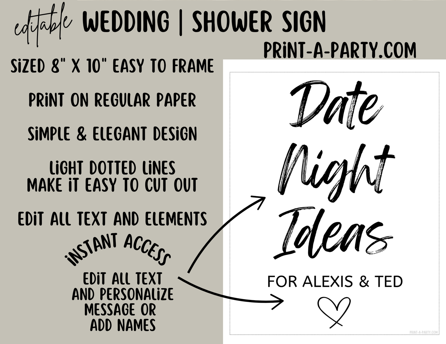 EDITABLE WEDDING EVENT SIGN: DATE NIGHT IDEAS For the Couple | Add names to sign | Date Idea Cards Included | Wedding or Shower Sign | Date Night Idea Sign