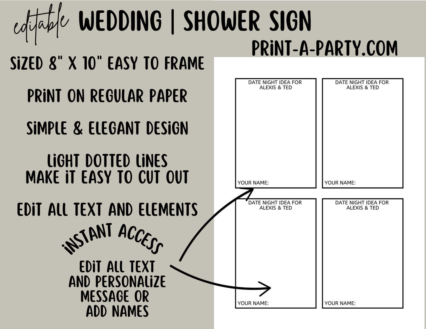 EDITABLE WEDDING EVENT SIGN: DATE NIGHT IDEAS For the Couple | Add names to sign | Date Idea Cards Included | Wedding or Shower Sign | Date Night Idea Sign