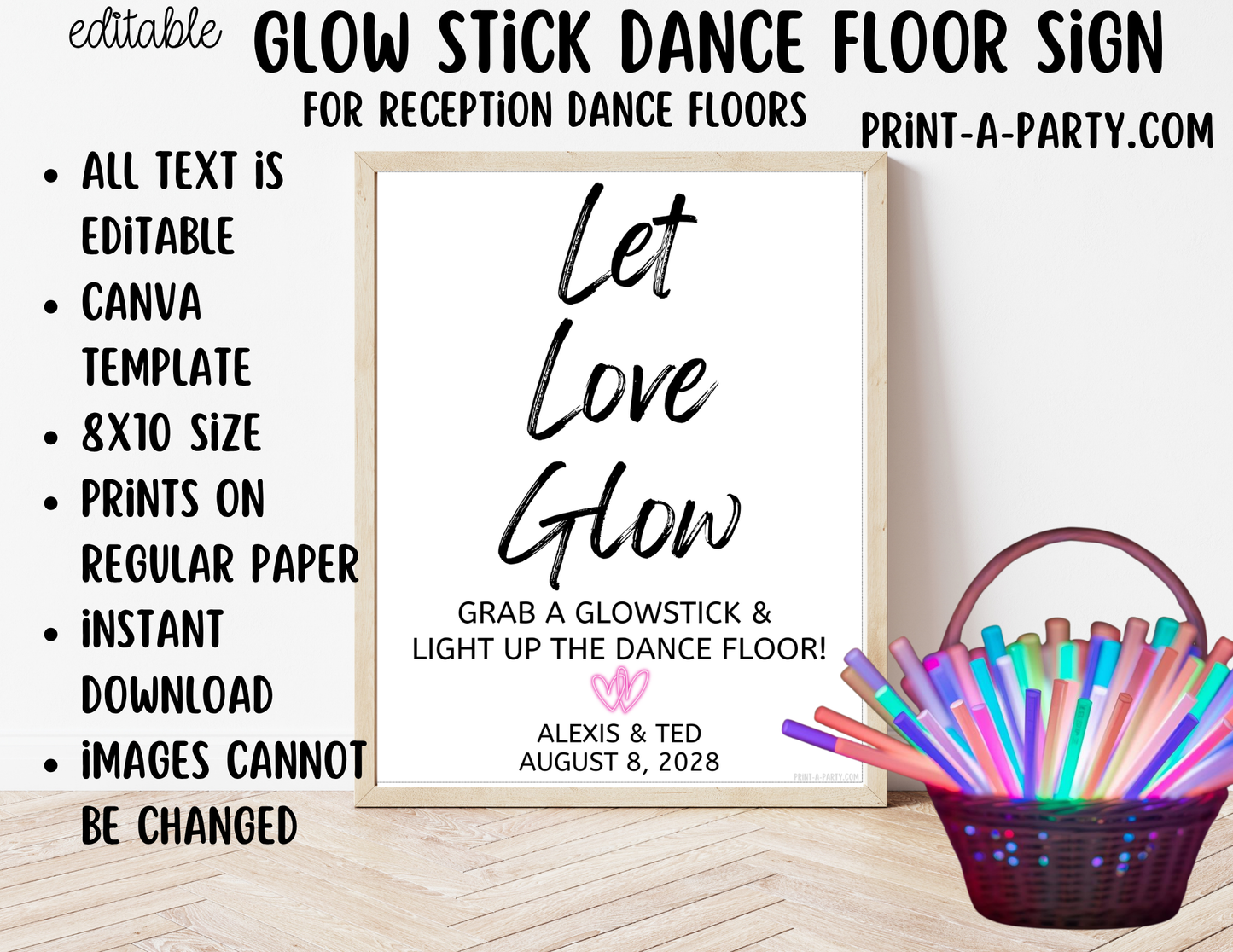 Editable Dance Floor Glow Sticks Sign (8x10) – Canva Printable Template