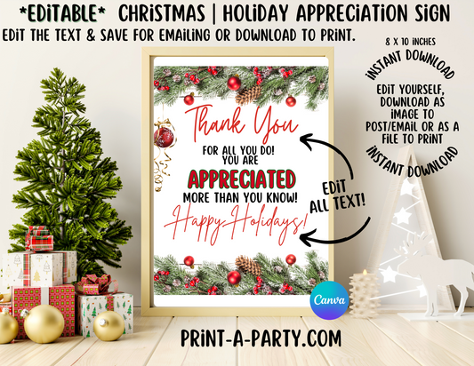 Appreciation Sign: Holiday Appreciation Editable Sign | Thank You Sign | Teacher, School, Staff, Volunteer, Nurse, Employees | Appreciation Holiday Decor