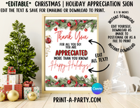 CHRISTMAS HOLIDAY EDITABLE APPRECIATION SIGN | Thank You Sign | Teacher, School, Staff, Volunteer, Nurse, Employees | Appreciation Holiday Decor