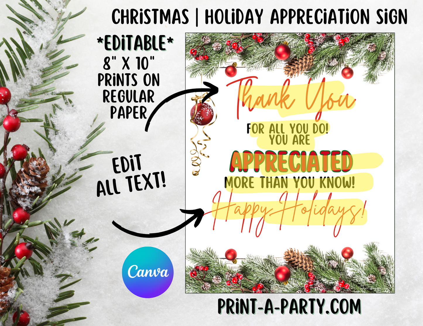 Appreciation Sign: Editable and Printable Holiday Appreciation Sign – Custom Decor for Staff, Teachers & Volunteers
