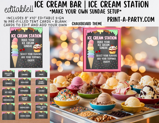 EDITABLE ICE CREAM BAR | ICE CREAM SUNDAE STATION - Chalkboard | Ice Cream Bar Sign | Food Station for Party | Party Food Bar | Party | Classroom | DIY Ice Cream Sundae Bar