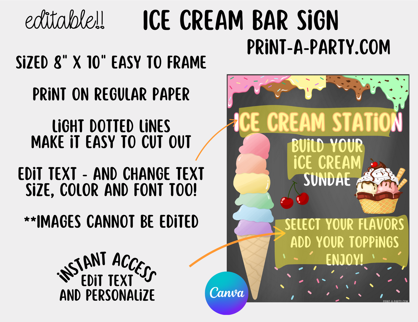 EDITABLE ICE CREAM BAR | ICE CREAM SUNDAE STATION - Chalkboard | Ice Cream Bar Sign | Food Station for Party | Party Food Bar | Party | Classroom | DIY Ice Cream Sundae Bar