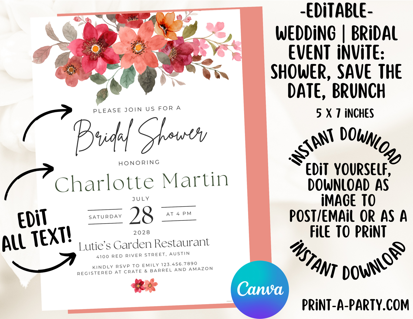 BRIDAL OR WEDDING EVENT - EDITABLE INVITATION: BRIDAL SHOWER, BRUNCH, SAVE THE DATE INVITATION - EDITABLE PRINTABLE | Wedding Shower| Save the Date | Bridal Brunch | Red Pink Boho Florals