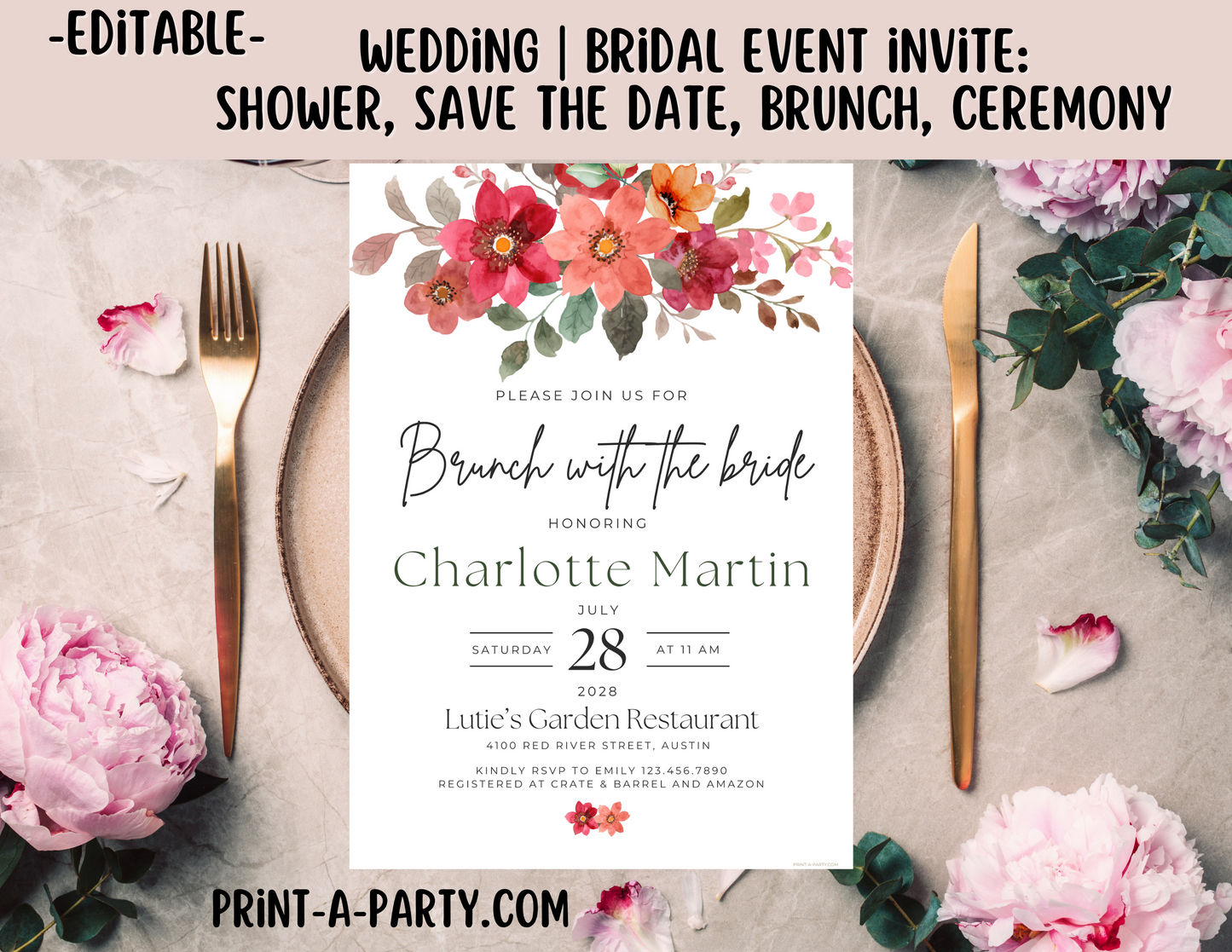 BRIDAL OR WEDDING EVENT - EDITABLE INVITATION: BRIDAL SHOWER, BRUNCH, SAVE THE DATE INVITATION - EDITABLE PRINTABLE | Wedding Shower| Save the Date | Bridal Brunch | Red Pink Boho Florals