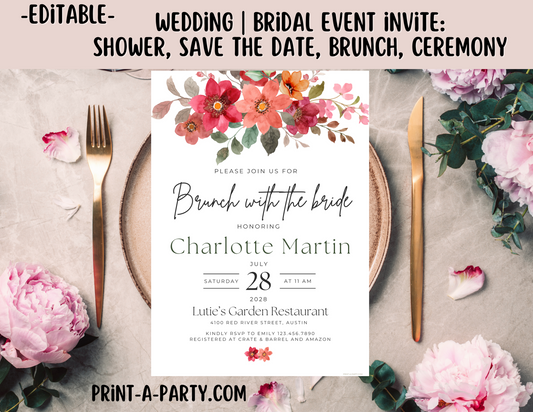 Editable Wedding Invitation Template - BOHO FLORALS - Canva printable for Bridal Showers, Save-the-Dates, Engagement parties and more