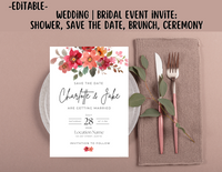 BRIDAL OR WEDDING EVENT - EDITABLE INVITATION: BRIDAL SHOWER, BRUNCH, SAVE THE DATE INVITATION - EDITABLE PRINTABLE | Wedding Shower| Save the Date | Bridal Brunch | Red Pink Boho Florals