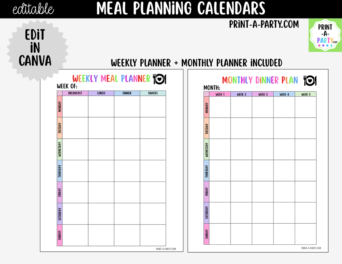 Editable Meal Planning Calendar Templates | Weekly & Monthly