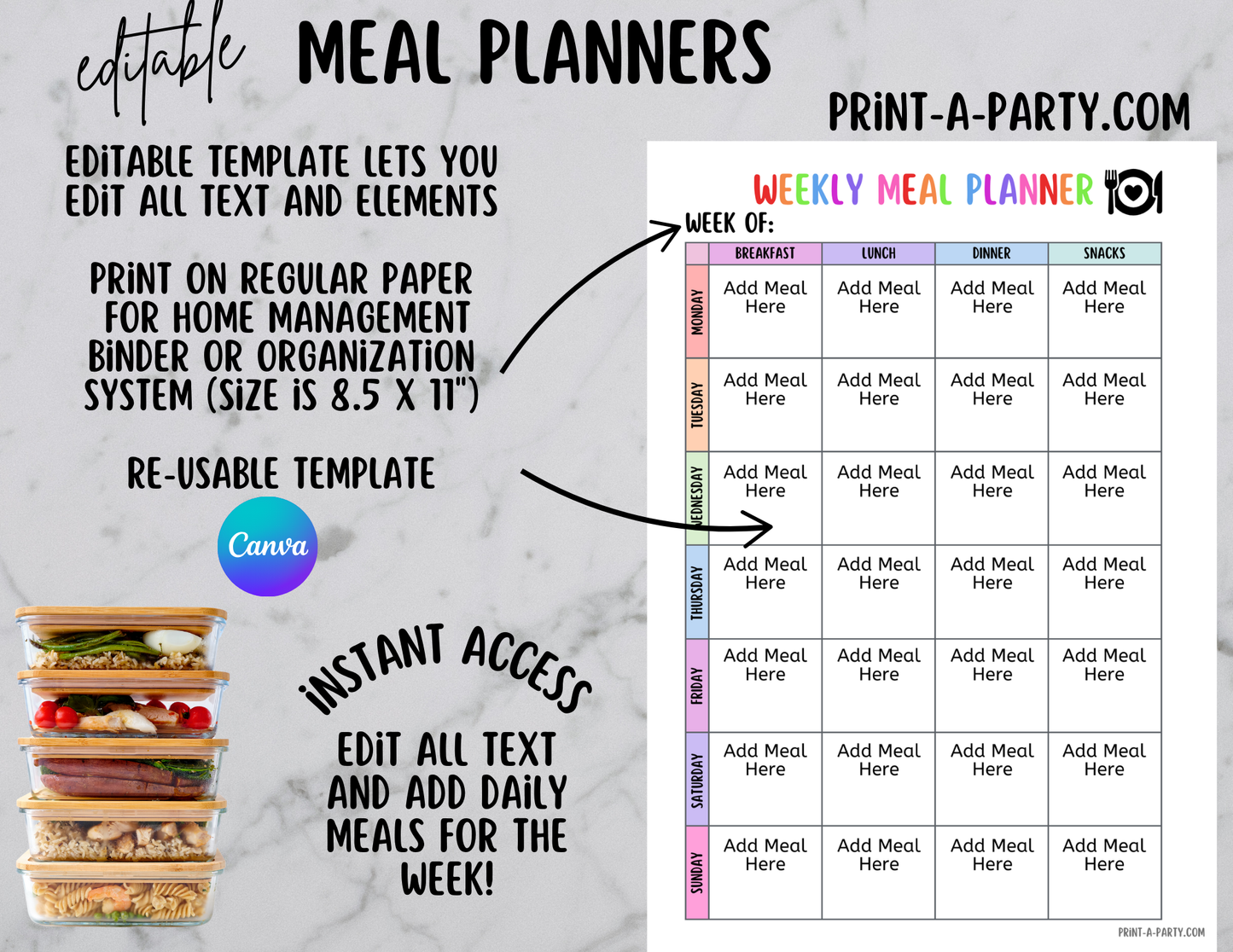 MEAL PLANNING: Editable Meal Planning Calendars - Weekly and Monthly | Home Management Binder | Home Organization