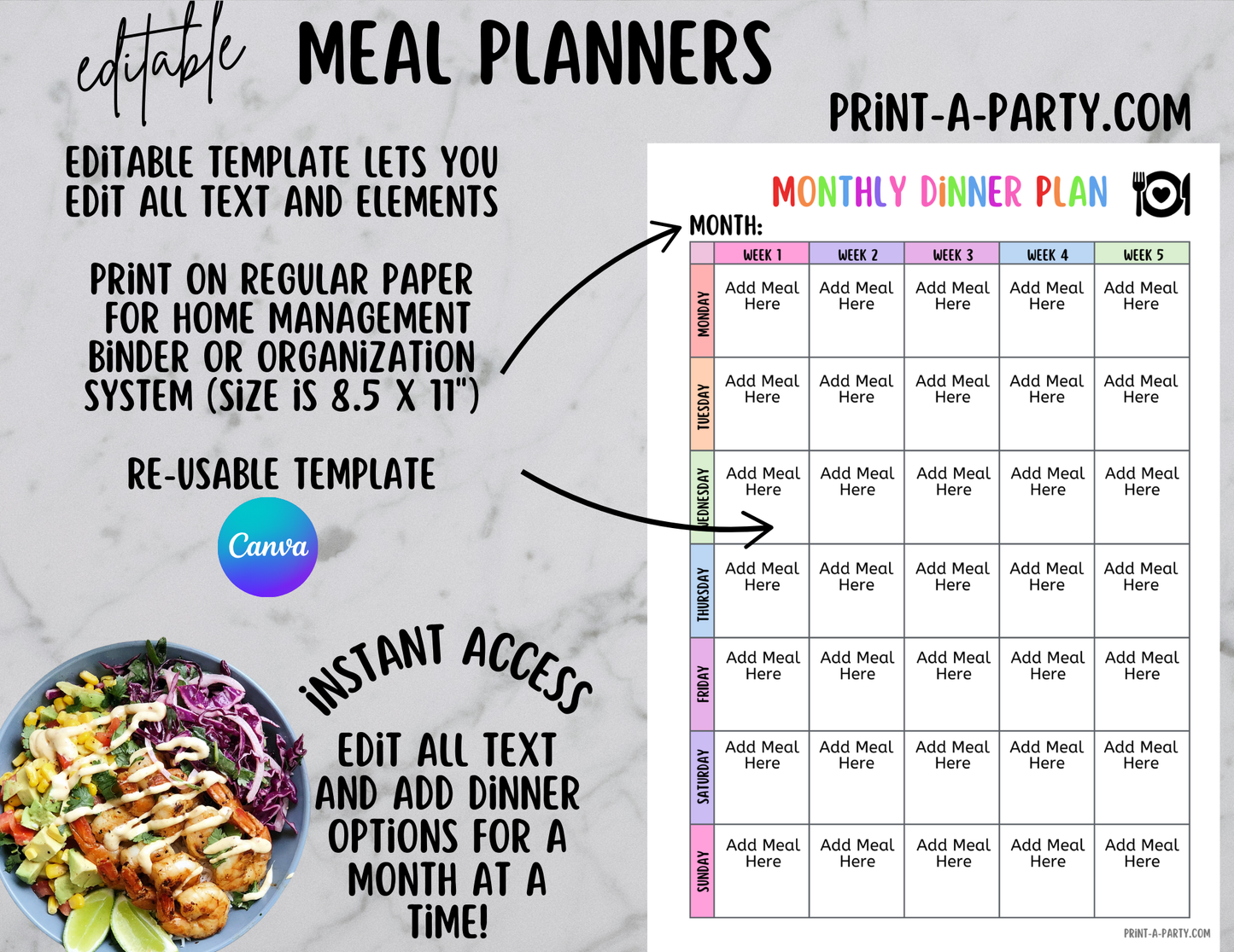 MEAL PLANNING: Editable Meal Planning Calendars - Weekly and Monthly | Home Management Binder | Home Organization