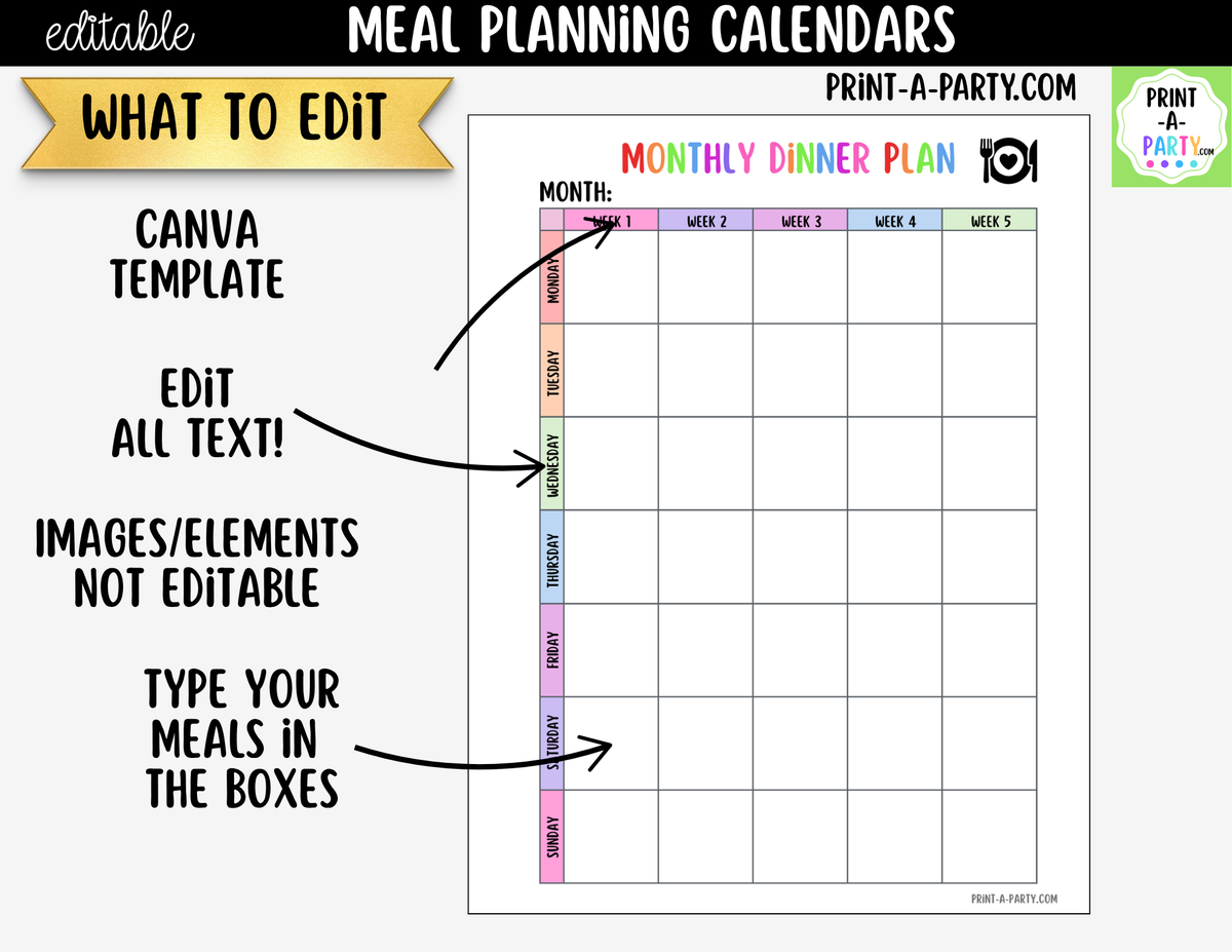 Editable Meal Planning Calendar Templates | Weekly & Monthly