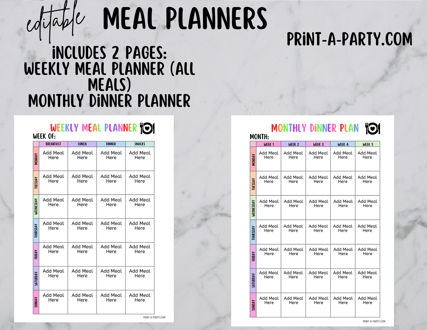 MEAL PLANNING: Editable Meal Planning Calendars - Weekly and Monthly | Home Management Binder | Home Organization