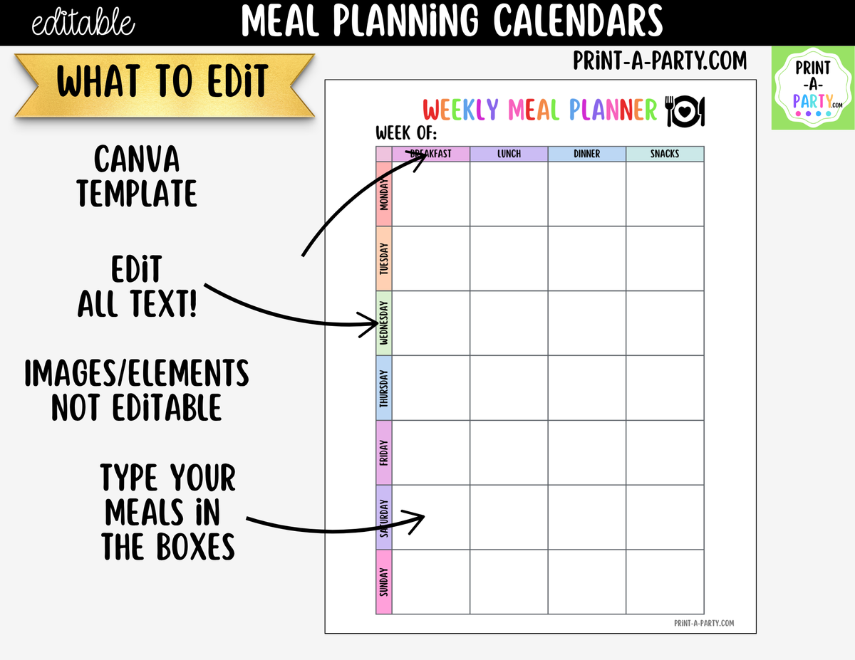 Editable Meal Planning Calendar Templates | Weekly & Monthly
