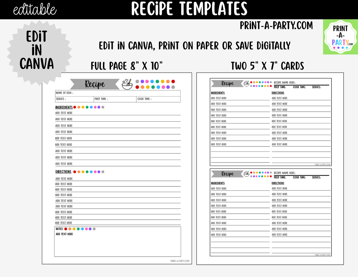 Editable Recipe Template Set | Printable Recipe Cards & Binder Pages