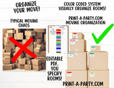 MOVING ORGANIZATION KIT: EDITABLE Color Coded Moving Box Labels (18) | Main Tracking List | INSTANT DOWNLOAD - Have an organized move!