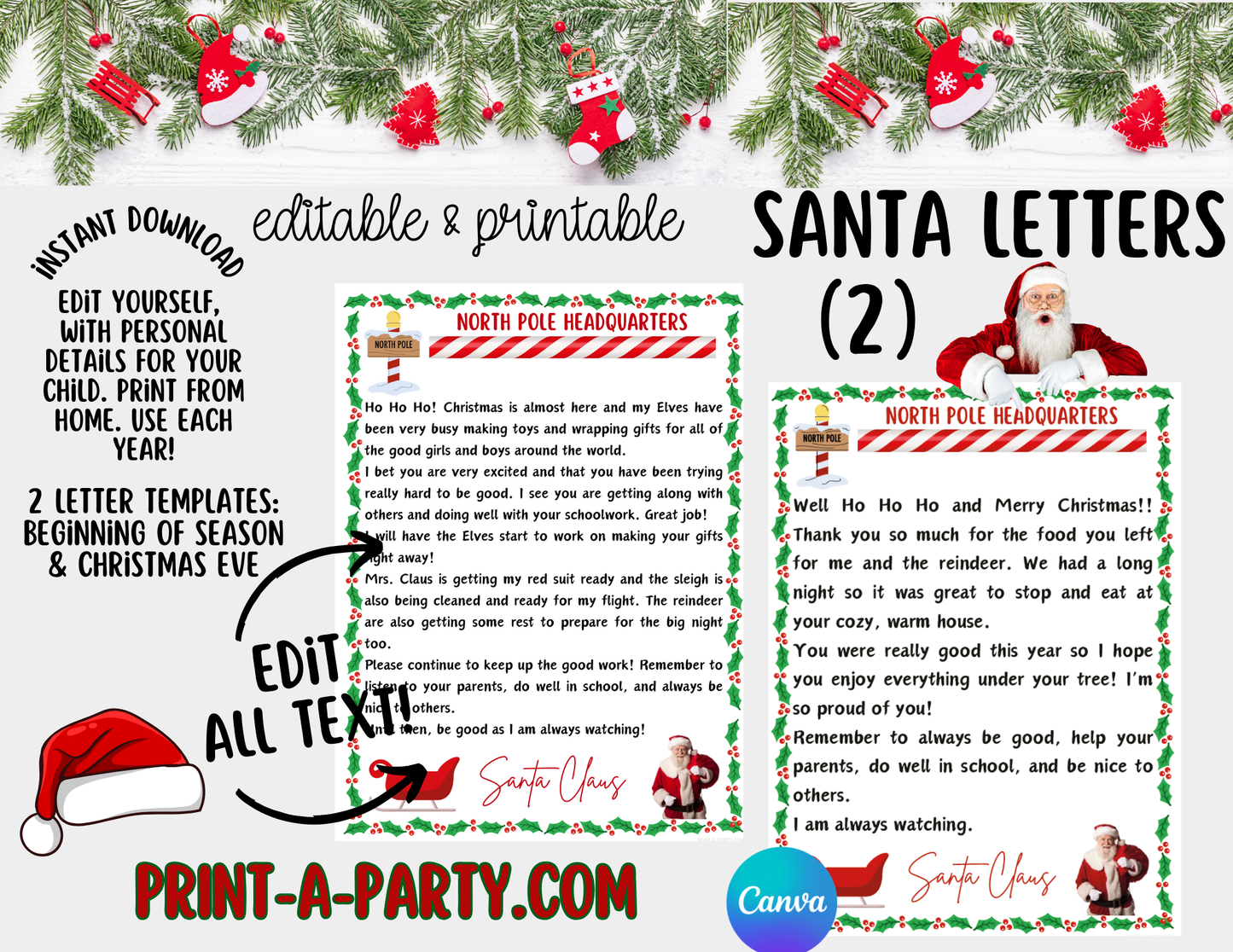 SANTA LETTERS - Editable Santa Letters – Customizable Christmas Letters from Santa Printable (2-Pack)