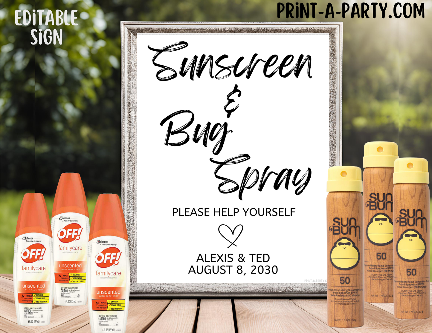 EDITABLE WEDDING EVENT SIGN: SUNSCREEN AND BUG SPRAY - PLEASE HELP YOURSELF | Outdoor Wedding Sign | Bug Spray Wedding Sign | Sunscreen Wedding Sign