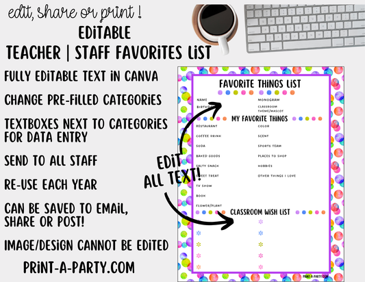 Teacher Staff Editable Favorite Things List – Questionnaire + Wishlist Form for Back to School & Appreciation